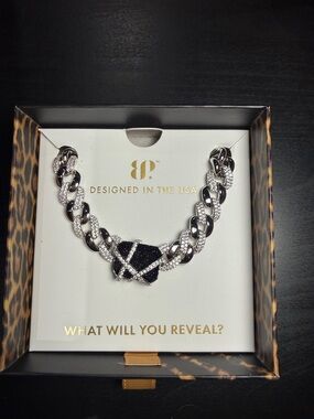 bp Silver Chain Necklace with Black Pave Crisscross Pendant